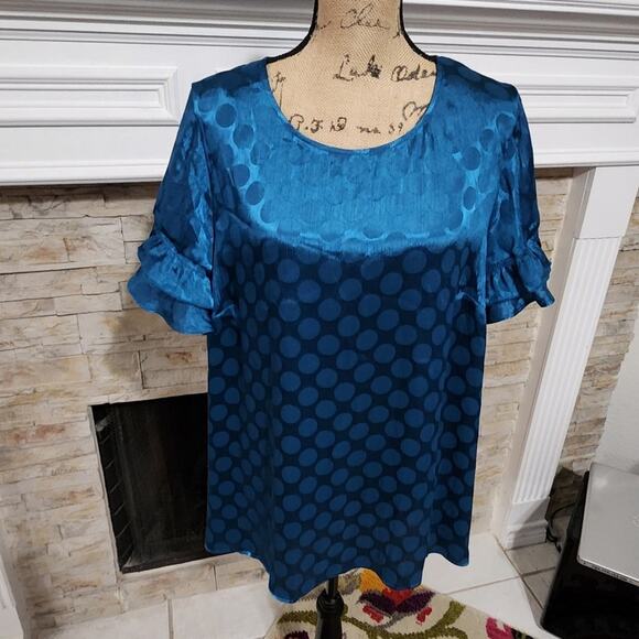 Lane Bryant dark teal polka dot ruffled statement‎ sleeve blouse plus size 20 2X - Picture 1 of 6